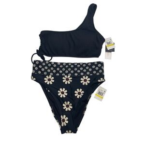 Salt + Cove One Shoulder Side Cinch Bikini Top & High Waisted Floral Bottoms M